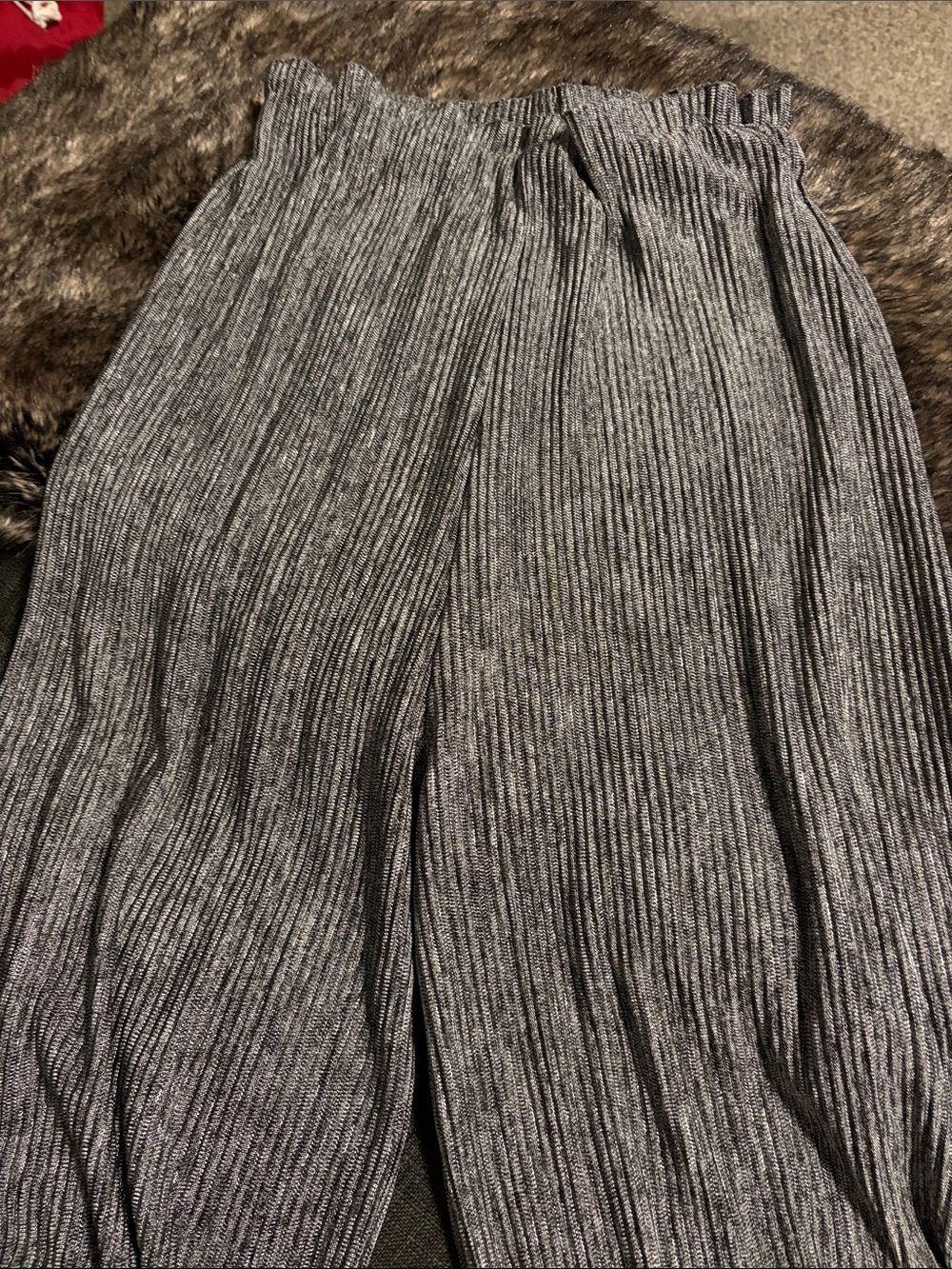 Wide Leg Ribbed Knit Pants - Heathered Black/Grey